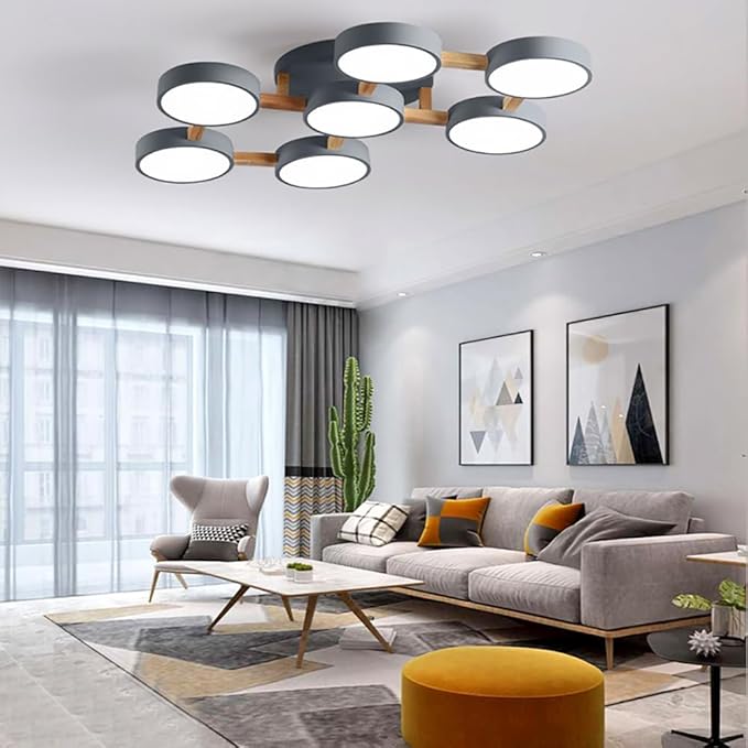 LED Ceiling Light Fixture,40 Inch 7-Lights Modern Ceiling Lights Flush Mount Wooden 84W Chandelier for Living Room Bedroom Kitchen,Dimmable 3000K/4000K/6000K Temperatures Selectable, Grey