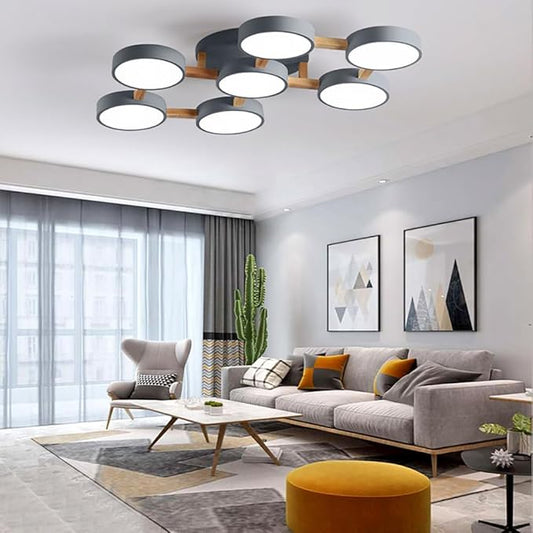 LED Ceiling Light Fixture,40 Inch 7-Lights Modern Ceiling Lights Flush Mount Wooden 84W Chandelier for Living Room Bedroom Kitchen,Dimmable 3000K/4000K/6000K Temperatures Selectable, Grey