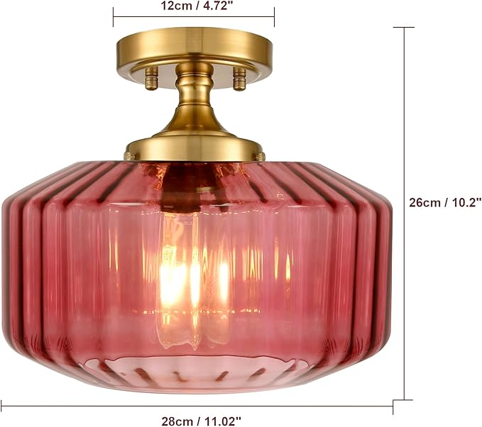 Gold Mid Century Modern Flush Mount Ceiling Light, 2-Pack Purple Ribbed Glass Close to Ceiling Lighting Fixture, Vintage Farmhouse Flush Mount Lamp for Bedroom Hallway Kitchen Laundry Room