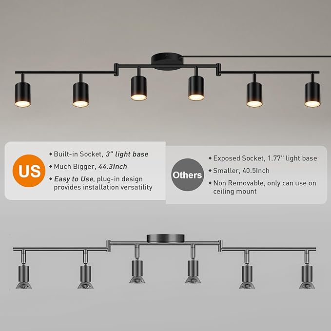 Plug in Track Lighting, LED Track Lighting Fixtures Ceiling, Black 6-Light Kitchen Light Kit, Plug in Wall Light with 14.8ft Power Cord, Rotatable Ceiling Spotlight for Bedroom(GU10 Socket, NO Bulb)