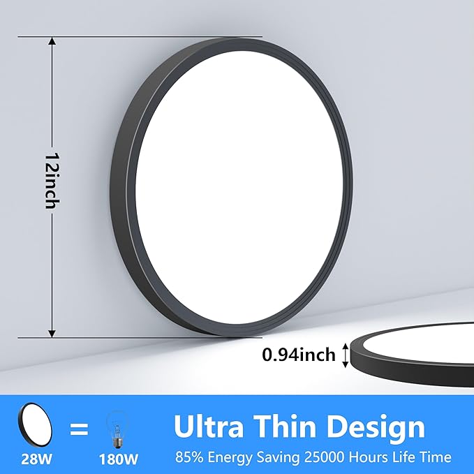 Flush Mount Ceiling Light Fixtures,12inch Flat led Light for Ceiling,6500K 3200LM Ultra Thin Round Black Lamp for Bedroom Kitchen,Bathroom,Garage,Living Room, Dining Room - 2PCS