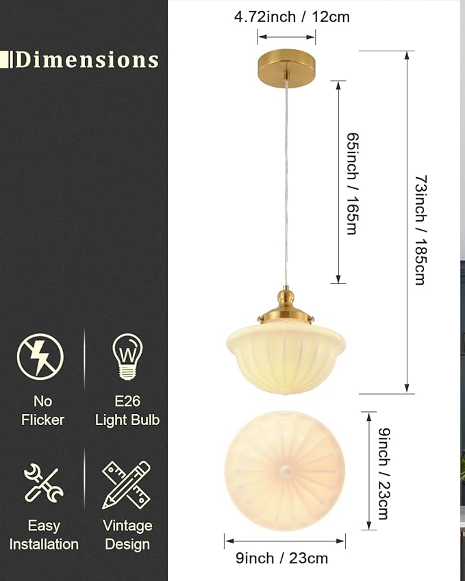 Schoolhouse Milk White Glass Pendant Light,9" Adjustable Hanging Pendant Light, Gold Mid Century Light Fixtures for Bedroom Diningroom Hallway Entryway
