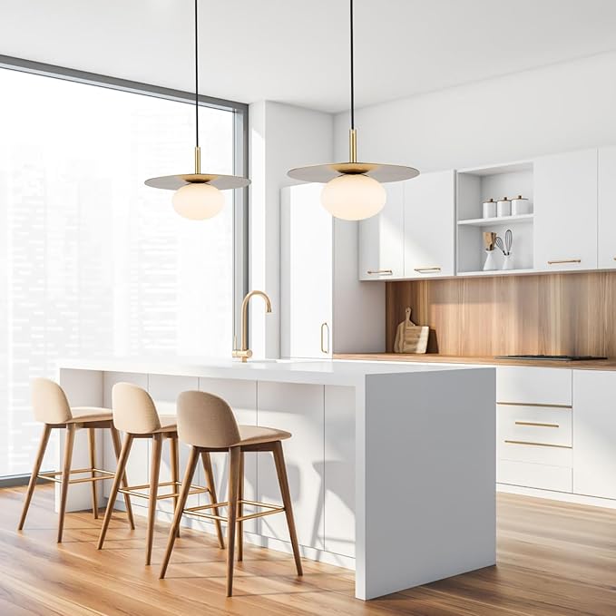BYOLIIMA Modern Globe Pendant Lighting Set of Two Milky White Glass Shade Brass Gold Farmhouse Pendant Light 11.81" Dome Industrial Hanging Ceiling Light Fixture Kitchen Island Dinning Room Bedroom