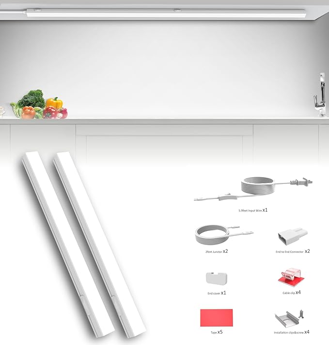 Leetdud Under Cabinet Lighting Plug in, 16 Inch 2 Pcs, Linkable AC120V 3CCT 3000K/4000K/5000K Ultra Slim, LED Under Cabinet Lights for Counter Light, Kitchen, Shelf, Sink, Workshop, Desk, White