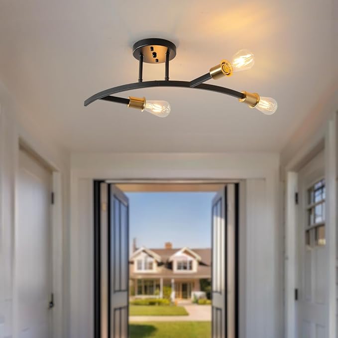 Modern Black and Gold 3-Lights Sputnik Chandelier Semi Flush Mount Ceiling Light Fixture for Entrance,Hallway,Kitchen,Bedroom