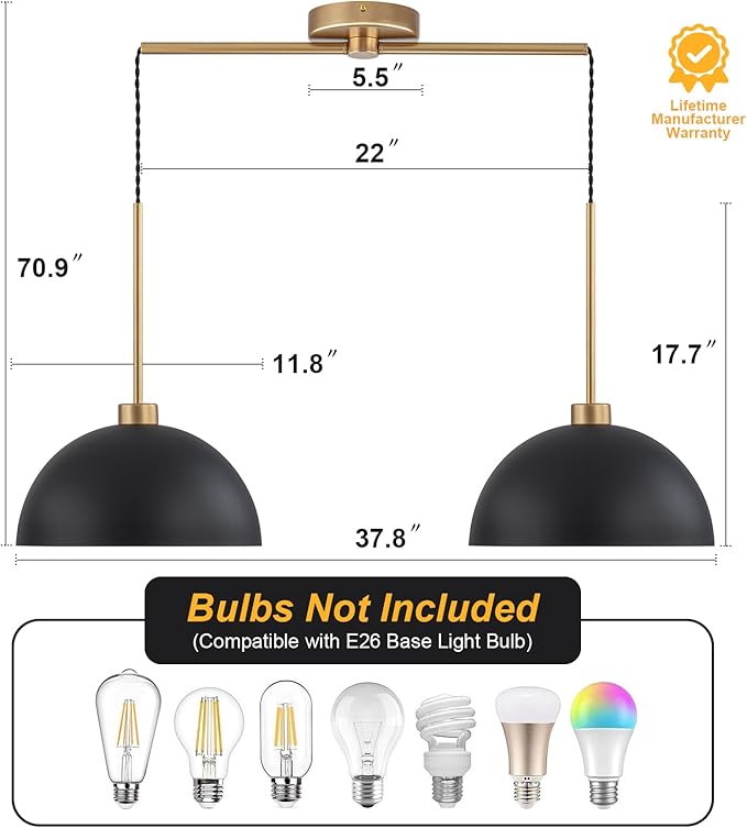 Farmhouse Pendant Lights Kitchen Island, 2 Light Black and Gold Dome Pendant Light, Industrial Modern Kitchen Island Lighting for Dining Room, Restaurant, Cafe, Bar