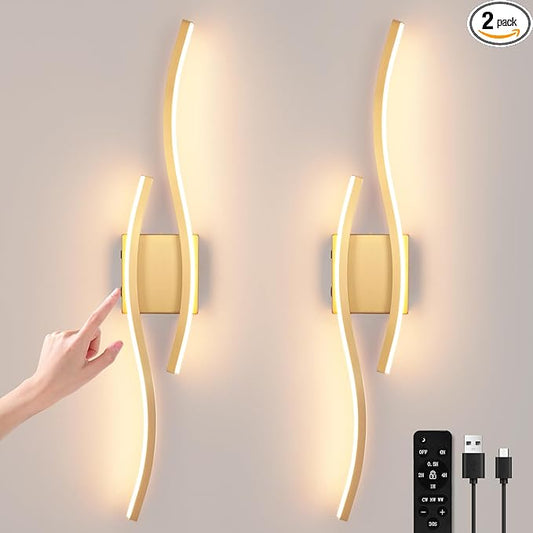 Modern LED Wall Sconce Set of Two, Battery Powered Wall Sconces Set of 2 with Timer, Gold Wall Light with Remote, LED Wall Lamp Indoor not Hardwired for Bathroom Living Room Bedroom Corridor