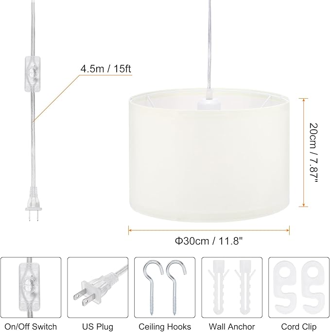 PATIKIL Plug in Pendant Light, 2 Pack 15Ft Rope Cord Hanging Lamp Fixture with ON/Off Switch, Linen Fabric Shade E26/E27 Bulb Socket for Bedroom Kitchen Living Room, Beige White
