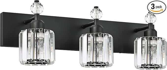 PRESDE Crystal 3 Light Bathroom Vanity Lights Modern Matte Black Bathroom Lights Fixtures Over Mirror Wall Lamp for Bath Bedroom Hallway