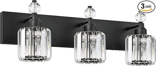 PRESDE Crystal 3 Light Bathroom Vanity Lights Modern Matte Black Bathroom Lights Fixtures Over Mirror Wall Lamp for Bath Bedroom Hallway