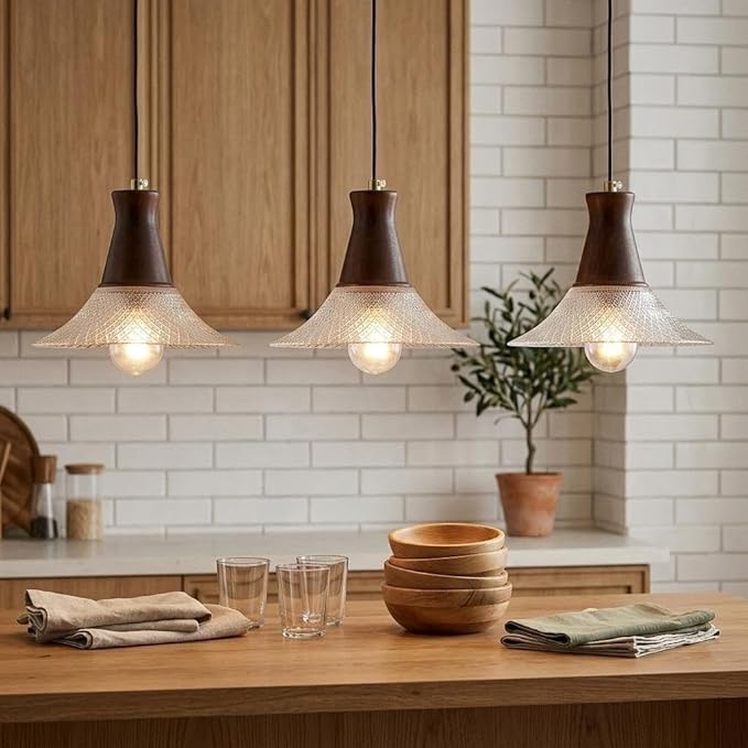 Vintage Farmhouse Glass Pendant Light Fixture 9 Inch Industrial Clear Ceiling Hanging Light with Walnut Wood lamp Holder for Kitchen Island Hallway Bar Dining Room Bedroom Foyer（3 Pack）