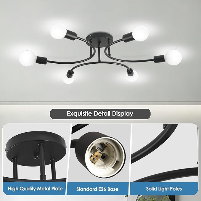 FRIXCHUR 6-Light Sputnik Chandelier, Black Mid-Century Modern Semi Flush Mount Ceiling Light, Metal Fixture with E26 Sockets for Bedroom, Living Room, Kitchen (Bulbs Not Included)