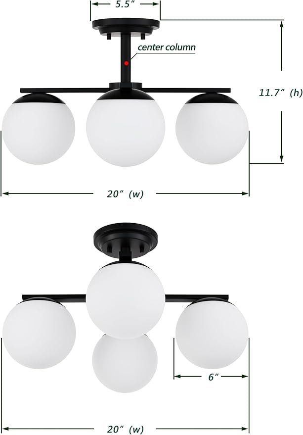 Matte Black Semi Flush Mount Ceiling Light, 4-Ligh Modern Kitchen Lighting Fixtures with Globe Glass Shade, Hallway Light Fixtures Ceiling Mount for Dining Room, Living Room, Bedroom, Foyer