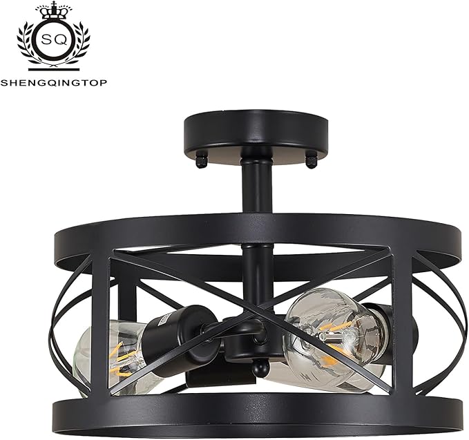 Rustic Industrial 3-Light Semi-Flush Mount Ceiling Light 13" Matte Black Round Lighting Fixtures for Kitchen Island Dining Room Bedroom Farmhouse Foyer Hallway Front Door