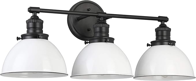 Design House Savannah Rustic Farmhouse 3-Light Bathroom Vanity Light, Dimmable, Matte Black, White Metal Shade, 26 in x 9 in x 10.88 in, 588301