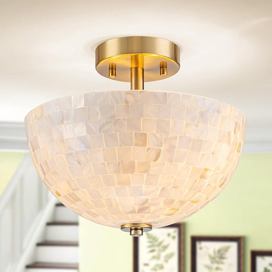 D12 inch Modern Capiz Shell Ceiling Light, 2-Light Coastal Design Semi-Flushmount Light Fixture for Dining Room, Hallway, Bedroom, D12xH10 inch, Shell Lampshade & Gold Finish Frame