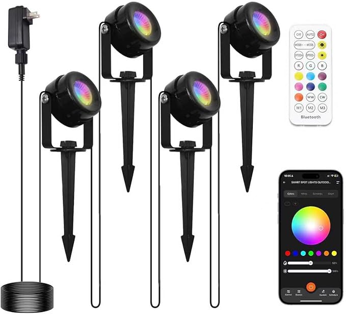 HISTAR Low Voltage Landscape Lighting with Bluetooth App Control & Remote, Outdoor Spot Lights for Fence Tree Pathway Lawn Decor, IP65 Waterproof All-in-One Permanent Outdoor Lights(4pack-RGBW)