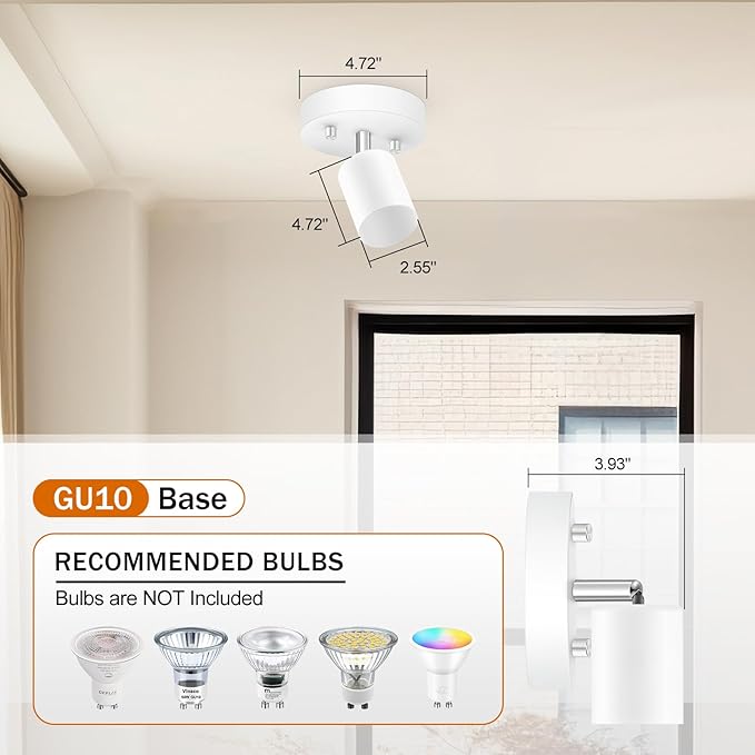 Track Lighting Fixture Ceiling, Modern LED Track Lighting Kit, White Ceiling Light for Kitchen, Rotatable Spotlight Heads, Wall Mount Spot Lighting for Island/Bedroom/Hallway (GU10 Socket, NO Bulb)