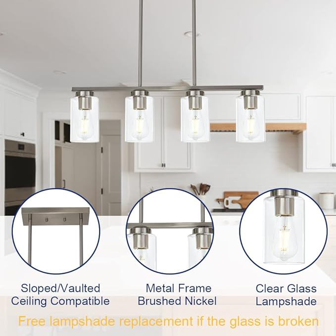 TODOLUZ Modern Kitchen Island Light with Clear Glass Shades, 4-Lights Hanging Lighting Fixtures in Brushed Nickel for Dining Room