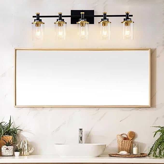 5-Lights Bathroom Light Fixtures, Gold and Black Bathroom Vanity Light Over Mirror, Brushed Gold Bathroom Light Fixtures with Clear Glass Shade for Hallway, Living Room