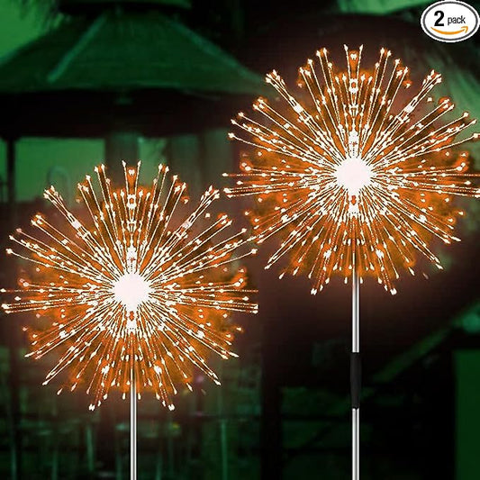 JJGoo Solar Firework Lights, 2 Pack 120 LEDs 2 Lighting Modes Solar Garden Lights Outdoor Waterproof for Yard Patio Walkway Pathway Party Wedding Christmas Decorative - Orange