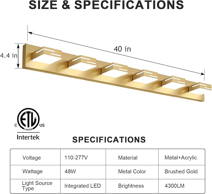 LED Modern Bathroom Vanity Light Fixtures, 6-Light 40-inch Dimmable Gold Vanity Lights for Bathroom Lighting Fixtures Over Mirror, with 360° Rotatable Heads (Cool White 6000K)