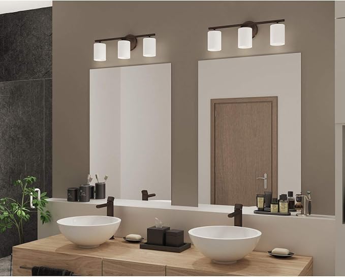 Progress Lighting Replay Collection 3 Light Bathroom Vanity Light, Modern Bath Lighting Fixture with Etched White Glass Shades for Over the Mirror, Reversible Mounting, Antique Bronze