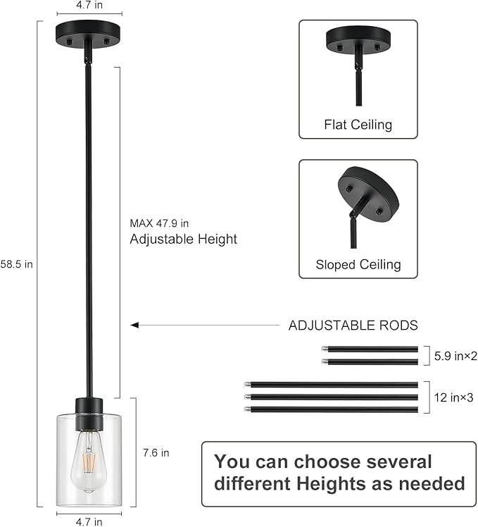 Modern Farmhouse Black Pendant Lights, Mini Hanging Light Fixture with Clear Glass Shade, Adjustable Rods for Kitchen Island, Sink, Bar (1 Pack)