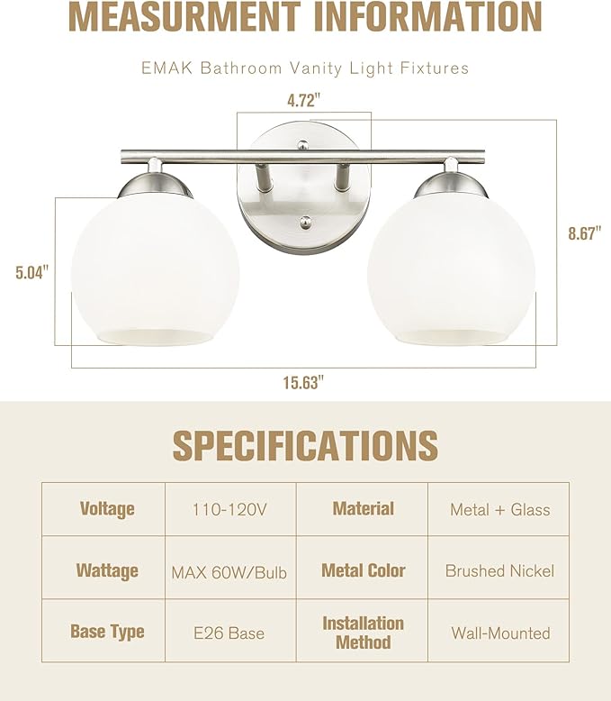 Emak Modern Globe Vanity Lights, Brushed Nickel Bathroom Light Fixtures, 2-Light Bathroom Vanity Light with Milk Glass Shade, VL114-BN-ML-2