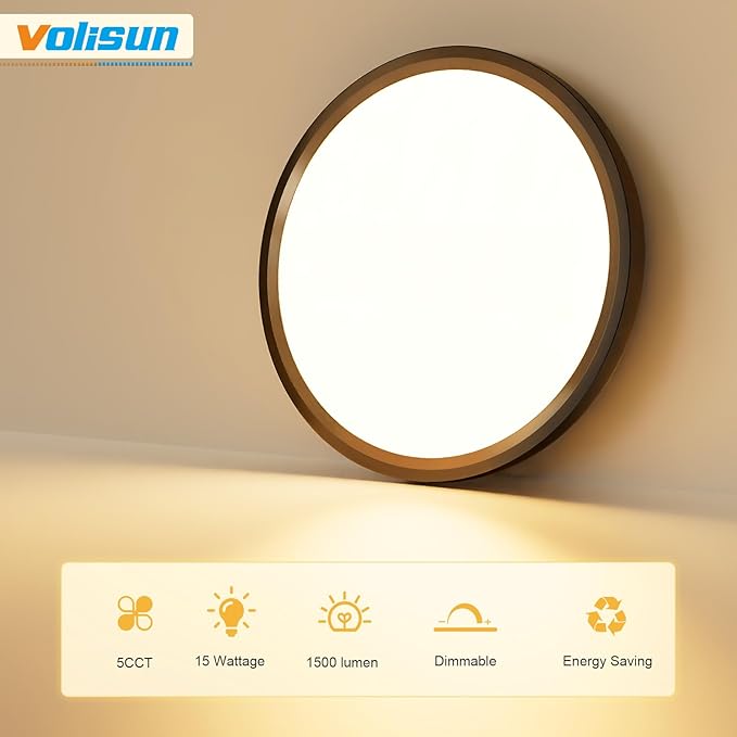 VOLISUN 8Pack 5CCT LED Flush Mount Ceiling Light, 7 inch Dimmable Ultra-Thin LED Ceiling Light Fixture, 3000K-6500K Selectable, 15W LED Ceiling Lights for Bedroom, Kitchen, Closet and Hallway (Black)