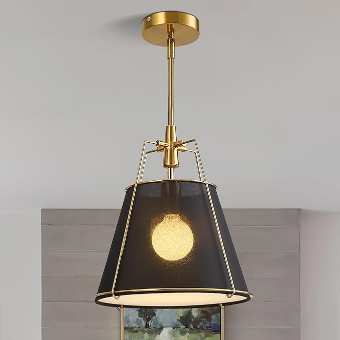Modern Pendant Light Fixtures with 13" Black Linen Fabric Shade, Adjustable Hanging Light Fixture,Drum Gold Vintage Chandelier for Kitchen Island Bedroom Dining Room Foyer Entryway