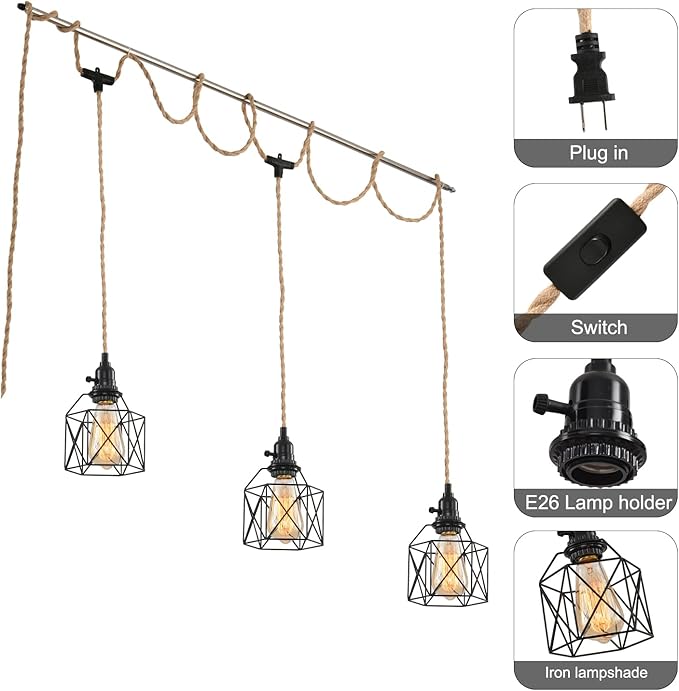 3-Light Hanging Light with Plug in Cord,Plug in Pendant Light Hemp Rope Pendant Lighting Vintage 3-Light Hanging Lamp Fixtures for Kitchen Island Living Room Bedroom