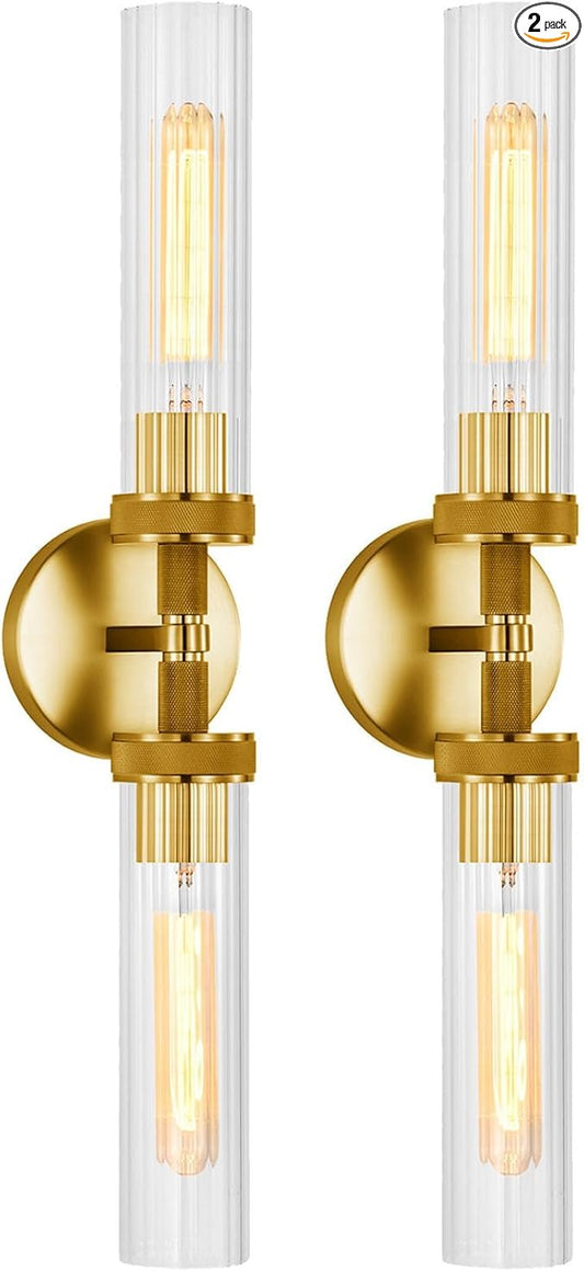 LaLuLa 2-Light Gold Bathroom Vanity Light Fixtures 2-Pack – Hardwired Wall Sconces with Rippled Glass Shades and Textured Metal Frame, Modern Vanity Lighting for Mirror, Bedroom, or Hallway, 25”