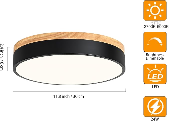 Yiisem Dimmable Wood LED Flush Mount Ceiling Light, 5CCT 2700K-6000K Modern Black Close to Ceiling Lighting Fixtures, Minimalist Round Ceiling Lamp for Bedroom, Kitchen, Hallway, Laundry Room