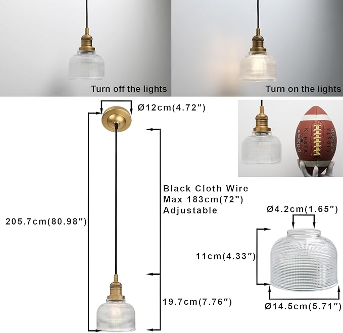 Yosoan Indoor Vintage Pendant Light with Striped Shade, 1-Light Hardwired Edison Vanity Fixture Industrial Semi Flush Mount Lamp Bowl Texture Glass for Kitchen Table Bar Island(Antique)