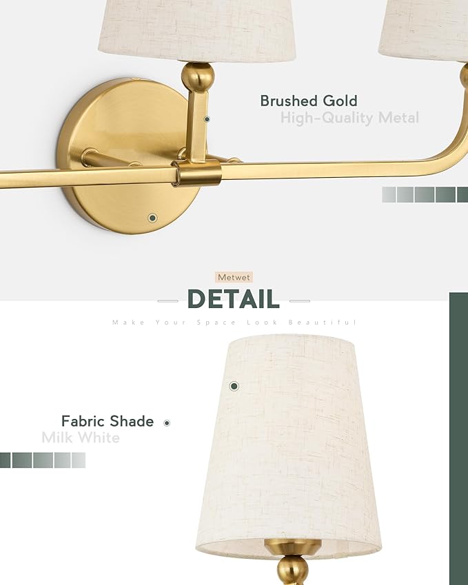 3-Light Bathroom Light Fixtures, Brushed Gold Vanity Lights with Linen Fabric Shade, Modern Sconces Wall Lighting for Hallway Bedroom, Upward Lighting, VL837-BG-A-3