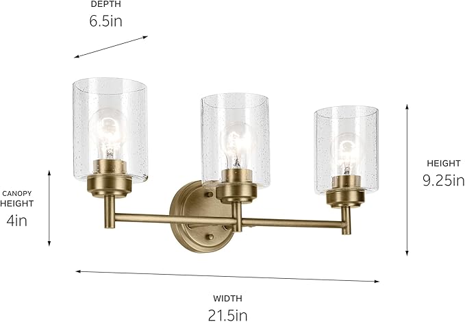 Kichler Winslow 21.5" 3-Light Bathroom Vanity Light Fixture with Clear Seeded Glass in Natural Brass for Luxe Industrial Style Over Mirror (21.5" x 9.25"), 45886NBR