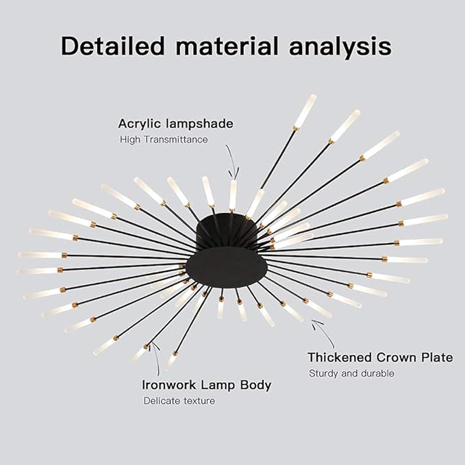 JAYMP 50.4“ Ceiling Light Modern Flower Shape Ceiling Lamp for Living Room Dining Room Flush Mount Metal Acrylic Sputnik Firework Petal LED Lighting Fixture (Matte Black, 42 Lights)