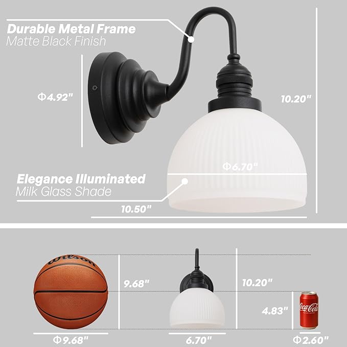 Vintage Wall Sconce Light, Black Bathroom Vanity Light with Striped Bowl Milk Glass Farmhouse Hardwire Wall Mounted Lamp for Bathroom Mirror Living Room Bedroom Kitchen E26 Indoor