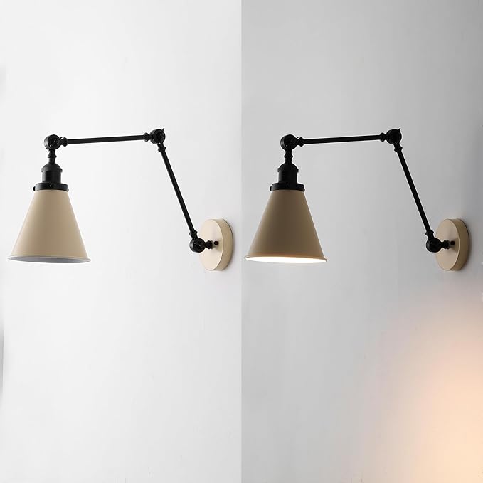 JONATHAN Y 7" Almond/Black Classic Industrial Metal Adjustable Arm LED Wall Sconce for Bedside Reading, Farmhouse Swing Arm Wall Lamp with Metal Shade, Hardwired (JYL7462F-SET2)
