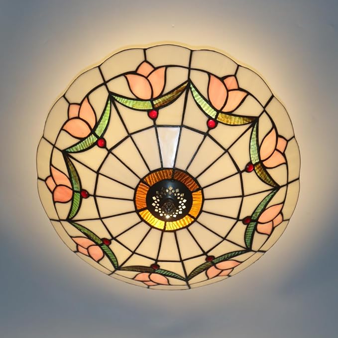 16 Inch Tiffany Style Stained Glass Ceiling Light Flush Mount Ceiling Light Vintage Chandeliers Pendent Light Fixtures (16 Inch Pink)