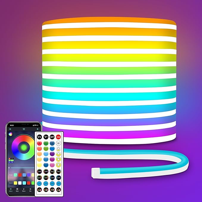 LED Neon Rope Lights 32.8FT,IP65 Waterproof LED Strip Lights, Music Sync LED Lights with Remote and APP Control,24V RGB LED Rope Lights for Bedroom,Holiday Decoration（with Snap &Screws）