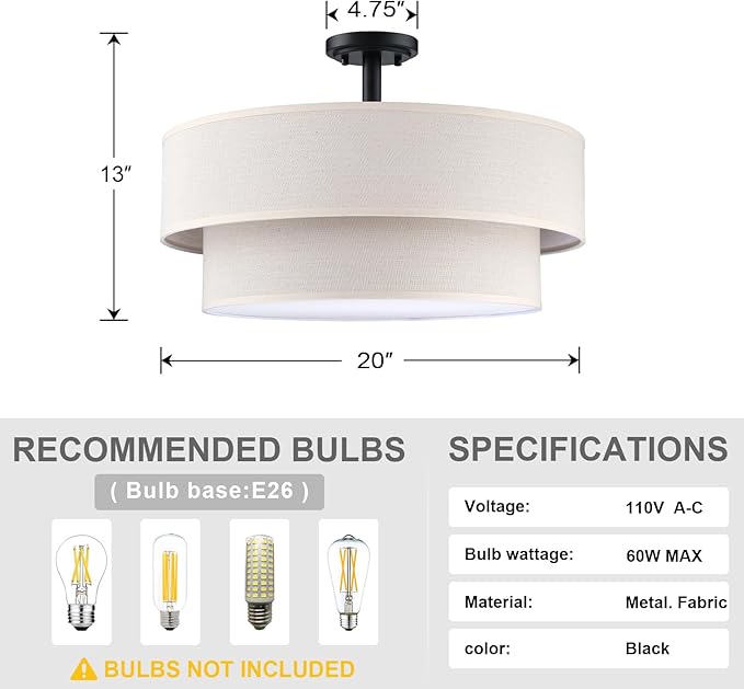 4 Light Semi Flush Mount Close to Ceiling Light Fixture,Cream Linen Fabric Shade Black Finish 20 inch for Bedroom,Living Room,Dining Room Hallway