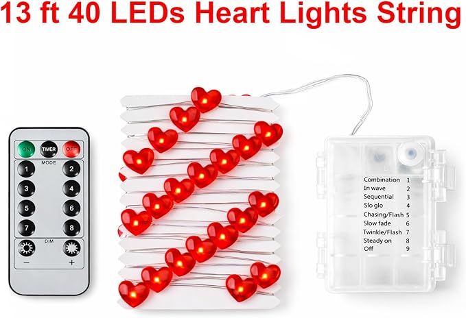 BOHON Valentine Day Decorations 10 ft 40 LEDs String Lights with Remote | Red Heart Shaped Twinkle Fairy Lights Battery Operated for Kids Bedroom Indoor Party Valentine's Day Mother's Day Decor
