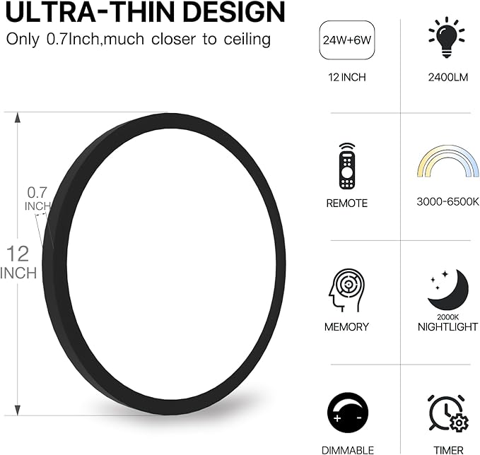 Dimmable LED Flush Mount Ceiling Light Fixture with Remote Control, 24W 2400LM, 12Inch, 2000K Warm Night Light & 3000K-6500K, Modern Super Slim Ceiling Lamp for Bedroom Kitchen, Black, 1 Pack