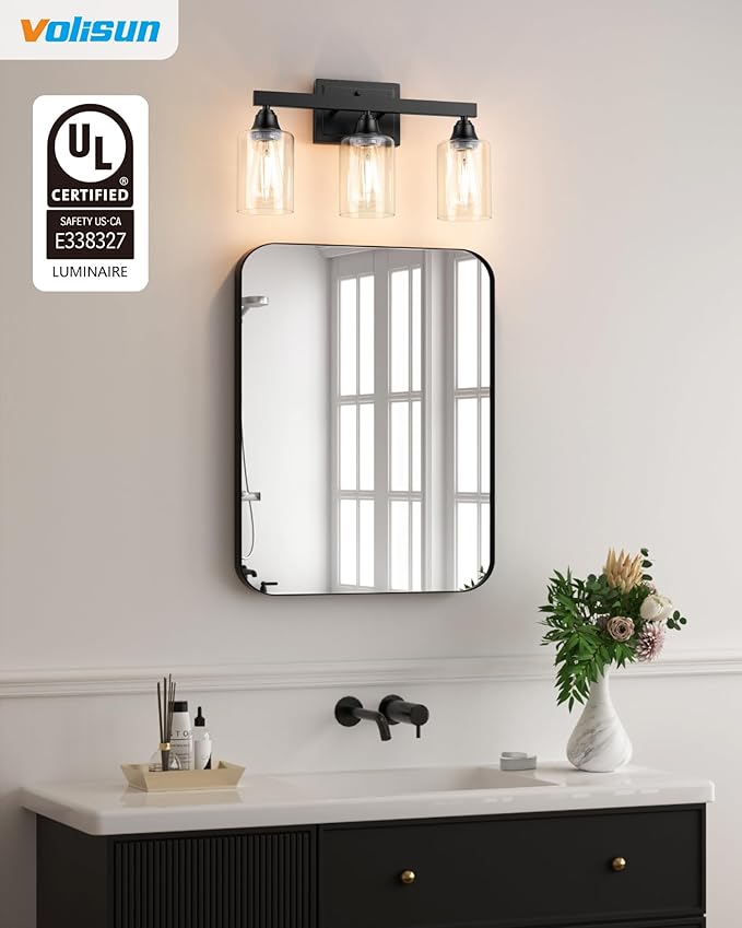 VOLISUN Matte Black Bathroom Light Fixtures, 3-Light Bathroom Vanity Light Over Mirror, Modern Vanity Lights for Bathrooms, Bathrooms Lights Fixtures Over Mirror with Clear Glass Shades