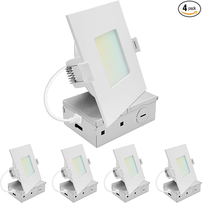 LUXRITE 4 Inch LED Recessed Light, ECO Backlit Mini Panel Spotlight, 5CCT 2700K-5000K, 1000 Lumens, High Output, 11 Watts, Dimmable, IC Rated, Wet Rated, ETL Listed, Energy Star, Square (4 Pack)