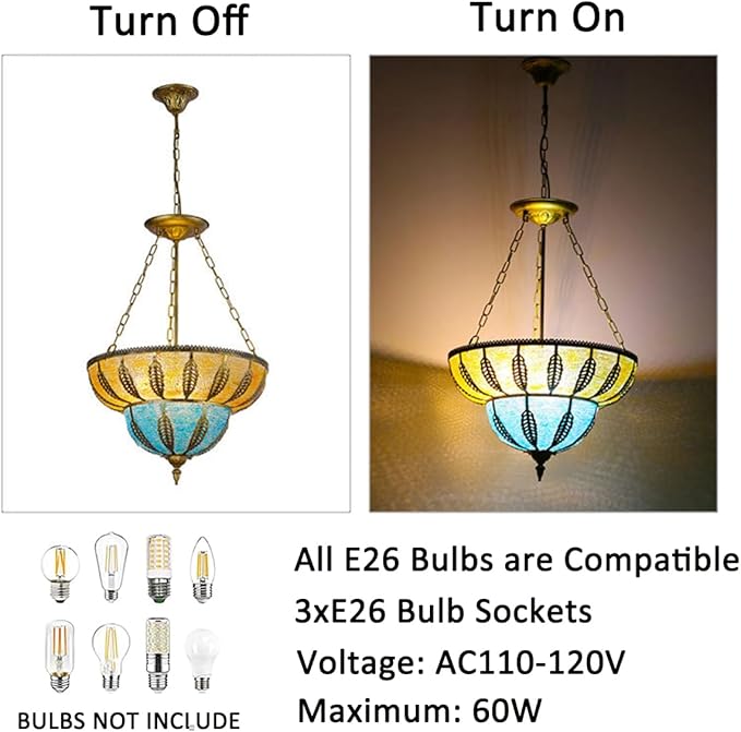 TFCFL Vintage Tiffany Pendant Light Fixtures Stained Glass Boho Ceiling Light Fixtures Inverted Tiffany Chandelier Hanging Lamp Victorian Style for Living Room Dining Room