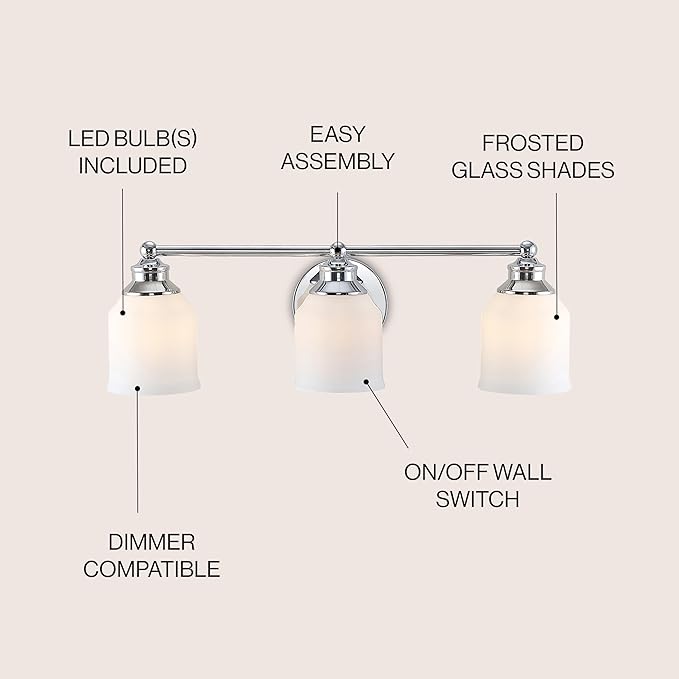 JONATHAN Y 24" Chrome Modern Farmhouse LED Vanity Light Wall Sconce Fixture, Frosted White Glass Shade, Dimmable Wall Lamp for Bathroom Mirror Kitchen Sink, UL Listed (JYL7551A)