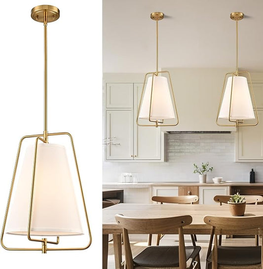 HYDELITE Vintage Gold Pendant Light with White Linen Fabric Adjustable Height Chandelier Brass for Living Room,Dining Room,Kitchen Island,Hallway
